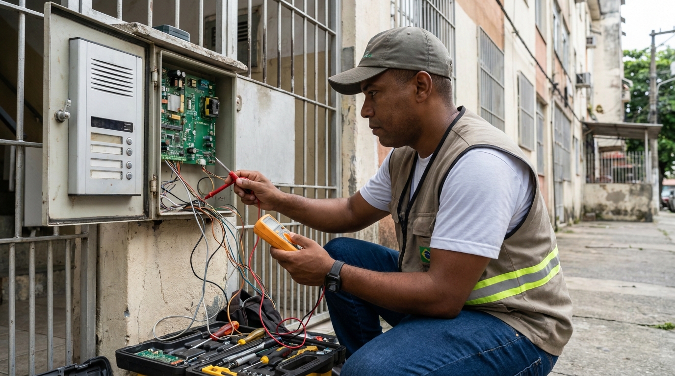 Eletricista consertando interfone em Campinas‑SP
