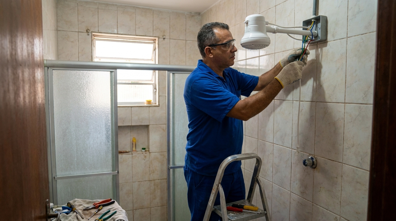 Eletricista instalando chuveiro eletrico em Campinas‑SP