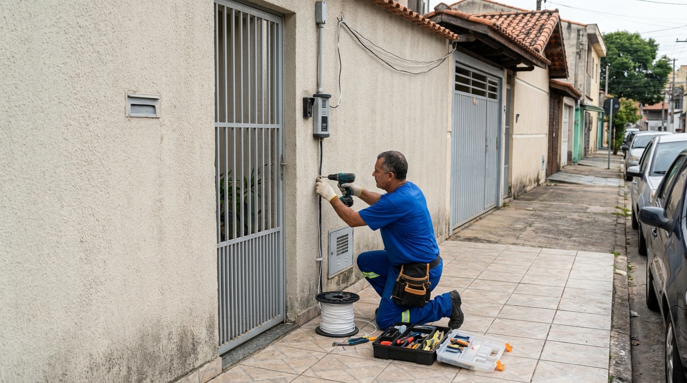 Eletricista instalando interfone em Campinas‑SP